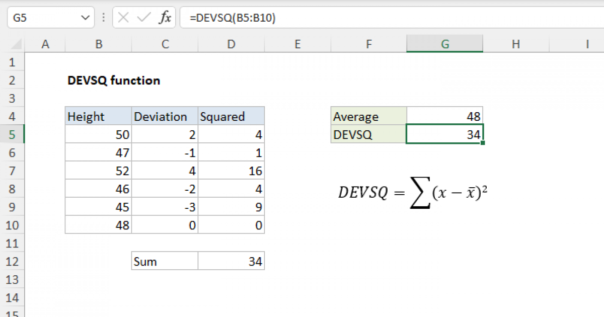 Excel DEVSQ Function Exceljet